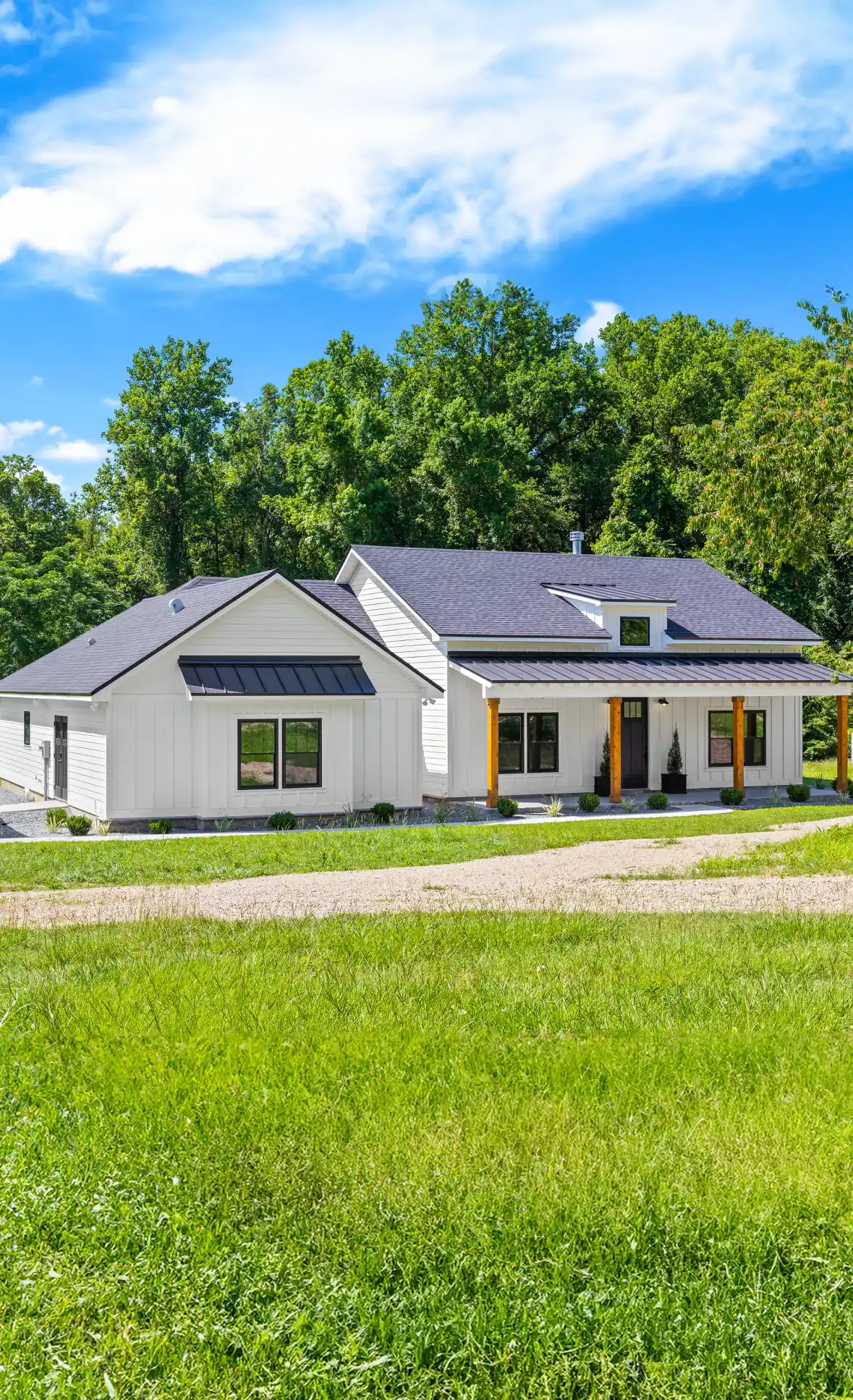 A beautiful home with a well-manicured lawn and a clear blue sky in the background.